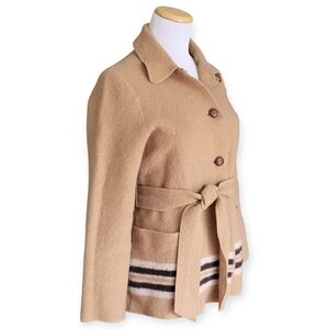 LAND'S END Camel Wool Boucle Striped Tie-Front "Coatigan" Cardigan Jacket